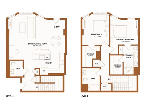 A floor plan of a two level home with labeled rooms.